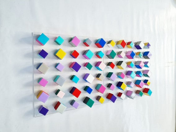 Wood wall art. Sculpture wall art. 3d art. Geometric, modern wood wall art. Hand painted cubes with resin on top face. 2 BASES 23.6 X 23.6 ©