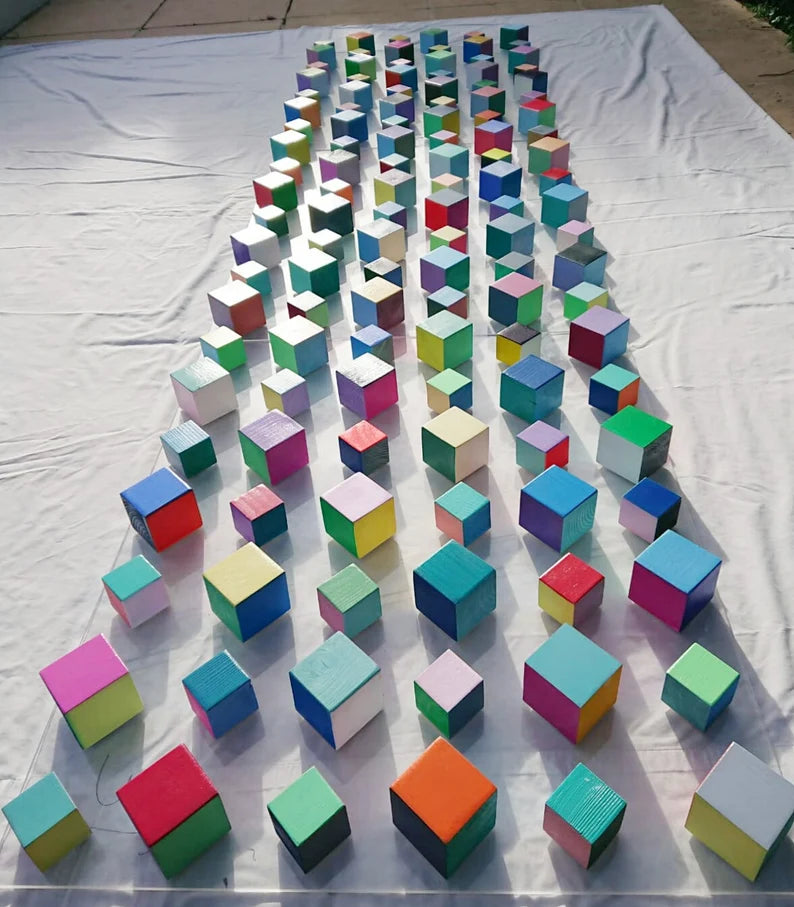 4 BASES© of 94.5" x 23.6" Modern decor wall art Wood art, wood Sculpture . Geometric and colorful Mosaic. Cube Art. 3D art. Floating effect.