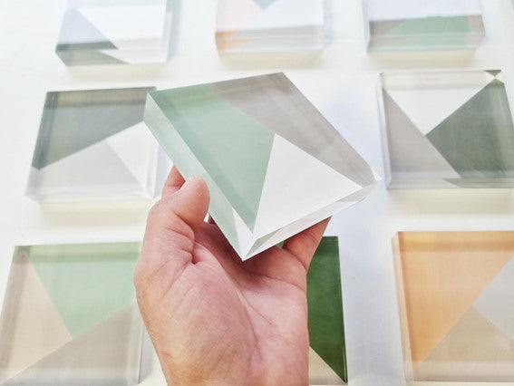 Hand painted transparent acrylic tiles. Each block is a small work of art. You can choose the number of tiles and colors.