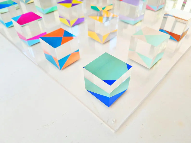 Hand painted clear cubes. Wall decor transparent blocks, 3d translucid cube art. Bold geometric art. Acrylic cubes on Lucite glass panel.