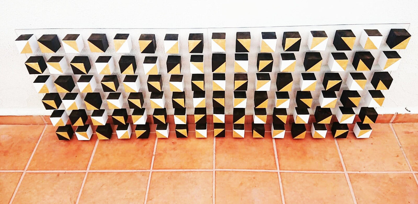 2 bases 31.5 X 23.6 Wood wall art.© Modern and geometric wood wall art. Mosaic. Cube Art. 3D art. Wall decor. Hand painted. Gold leaf ©
