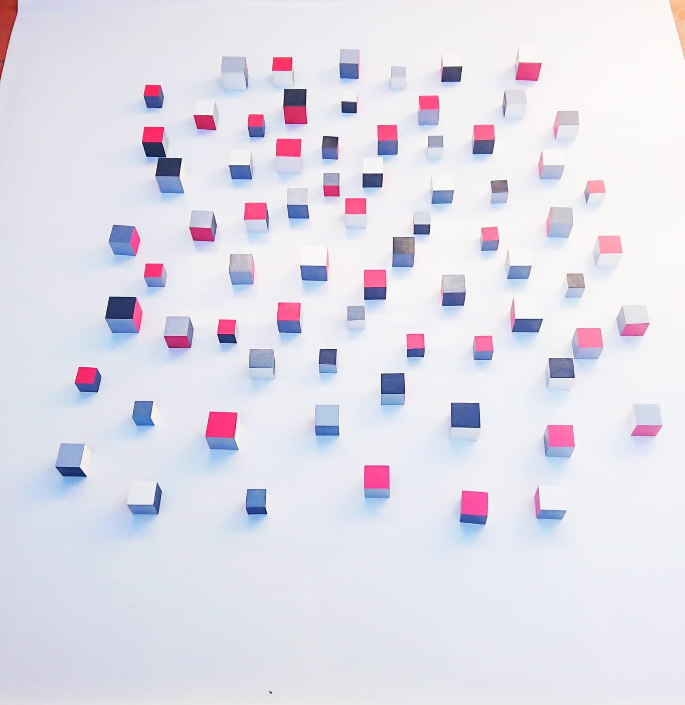 Wood wall art, 3D art. Wooden wall art.© Modern Sculpture wall art. Red, black, white and grey hand painted wooden cubes for self mounting.