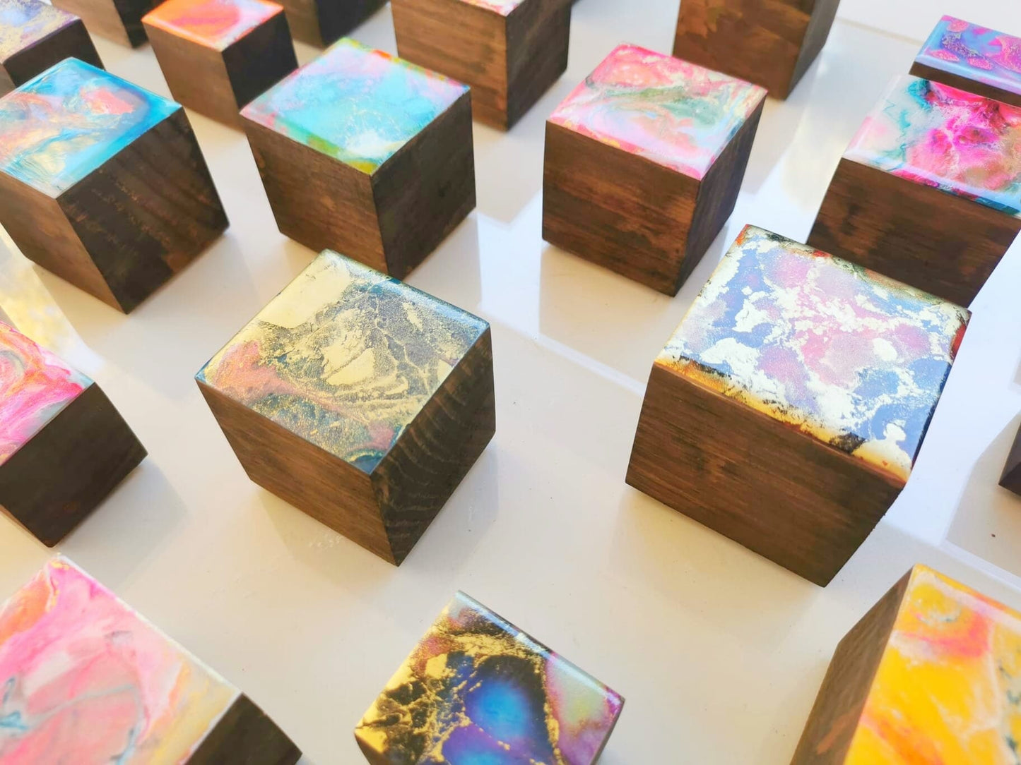 Choose the number of Self install wall art cubes PACKS of hand painted colored wooden cubes with high quality,shiny epoxy resin front face©