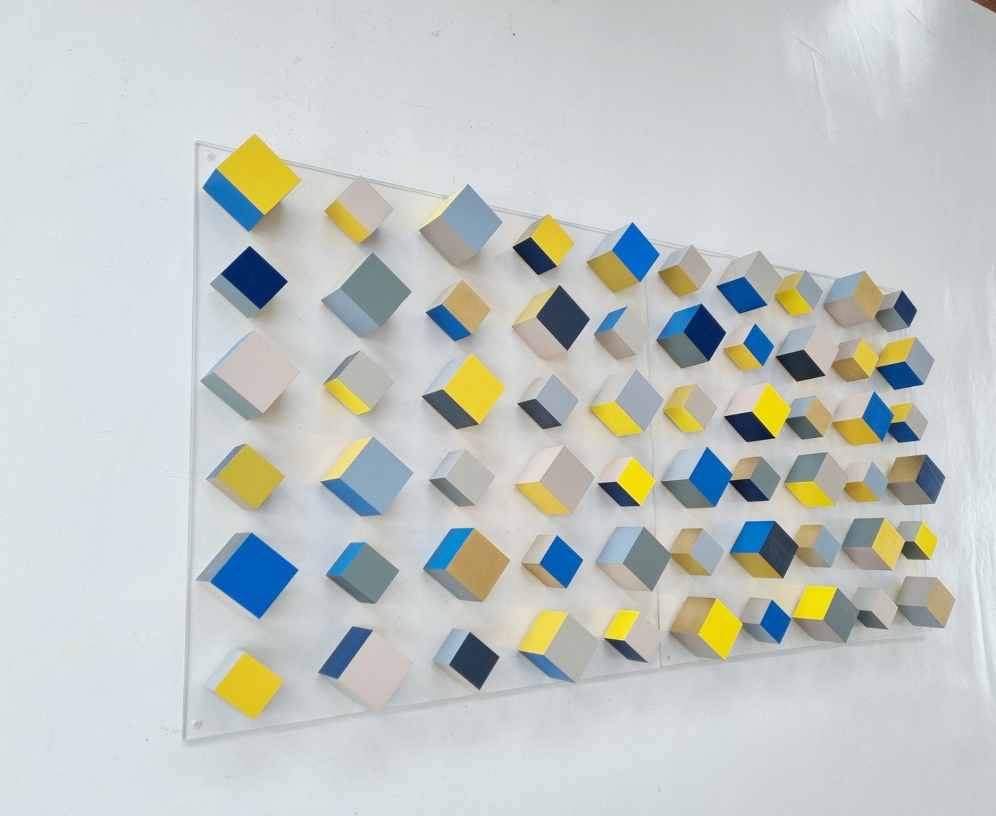 Wood wall art. Modern wood blocks. Geometric wall decor. 2 bases 23.6" X 23.6". Custom colors, gold, yellow and blue. 3d sculpture. ©