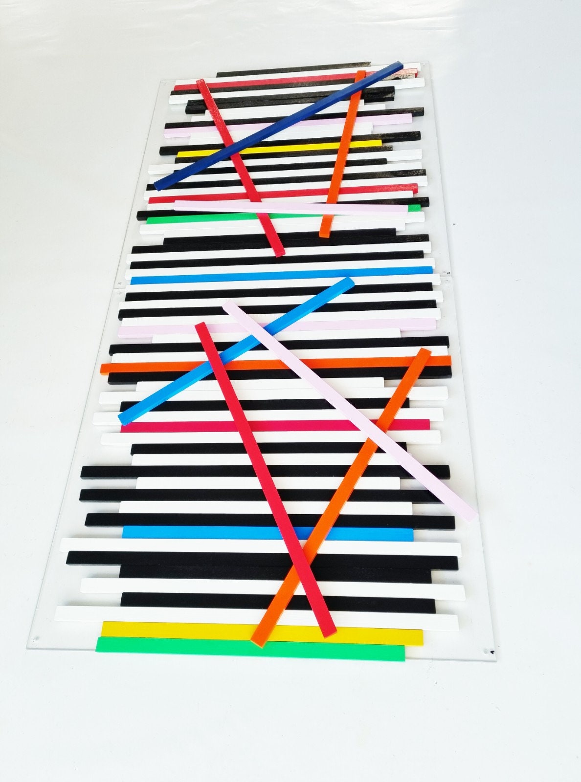 Wood wall art, large wood art. Slats in happy and bold colors, wall sculpture, 3d wall art. Modern wall decor, 2 bases 23.6" X 23.6"©