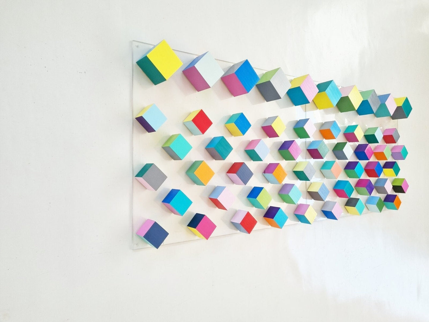 Wood wall art, 3d art in happy and bold colors. Hand painted Geometric design, Mosaic. Cube Art. 3D art. Floating Wall decor hanging