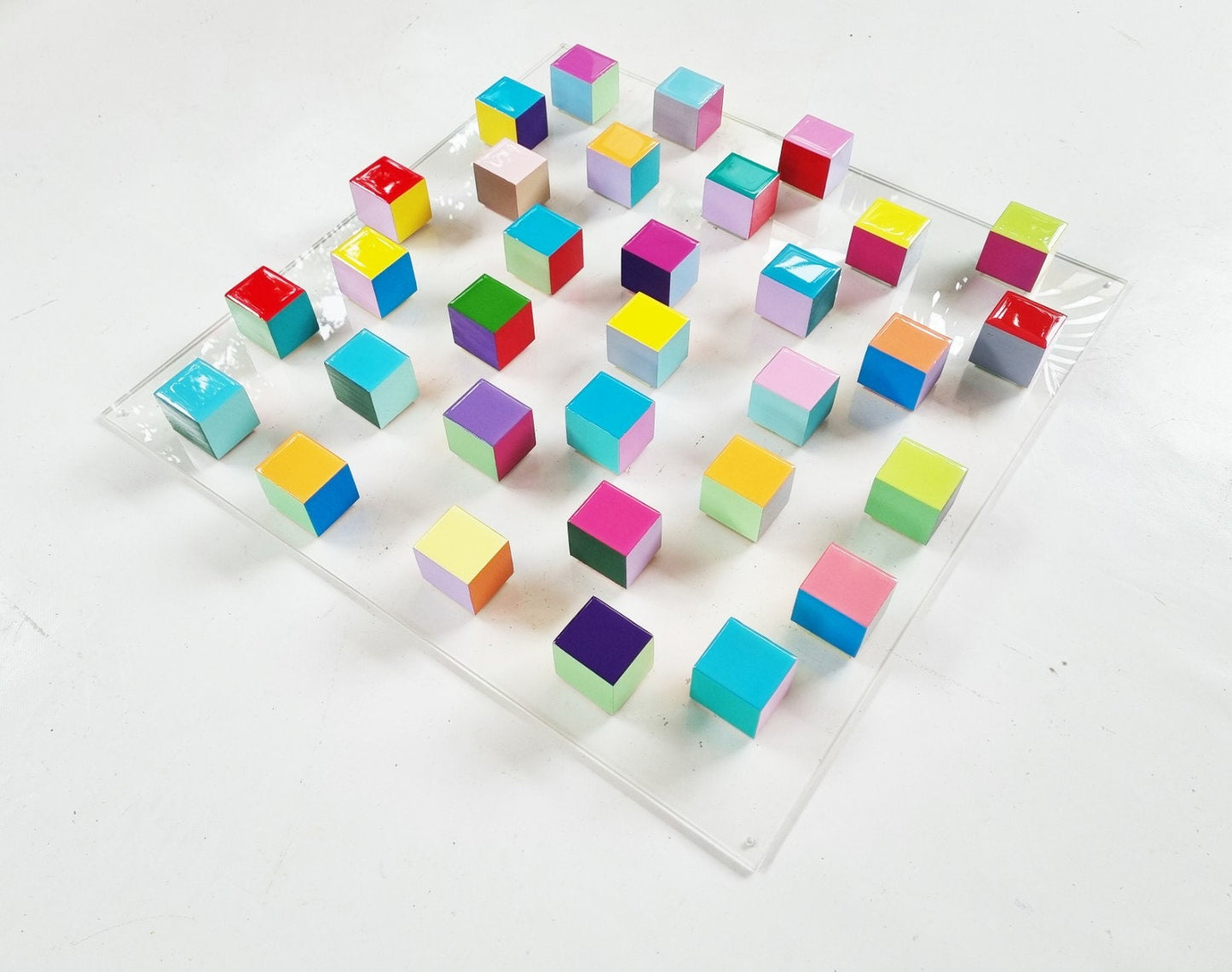 3d wall art, Wood wall art in happy colors, Hand painted wood cubes with resin on top face, Block sculpture art, Modern geometric design ©