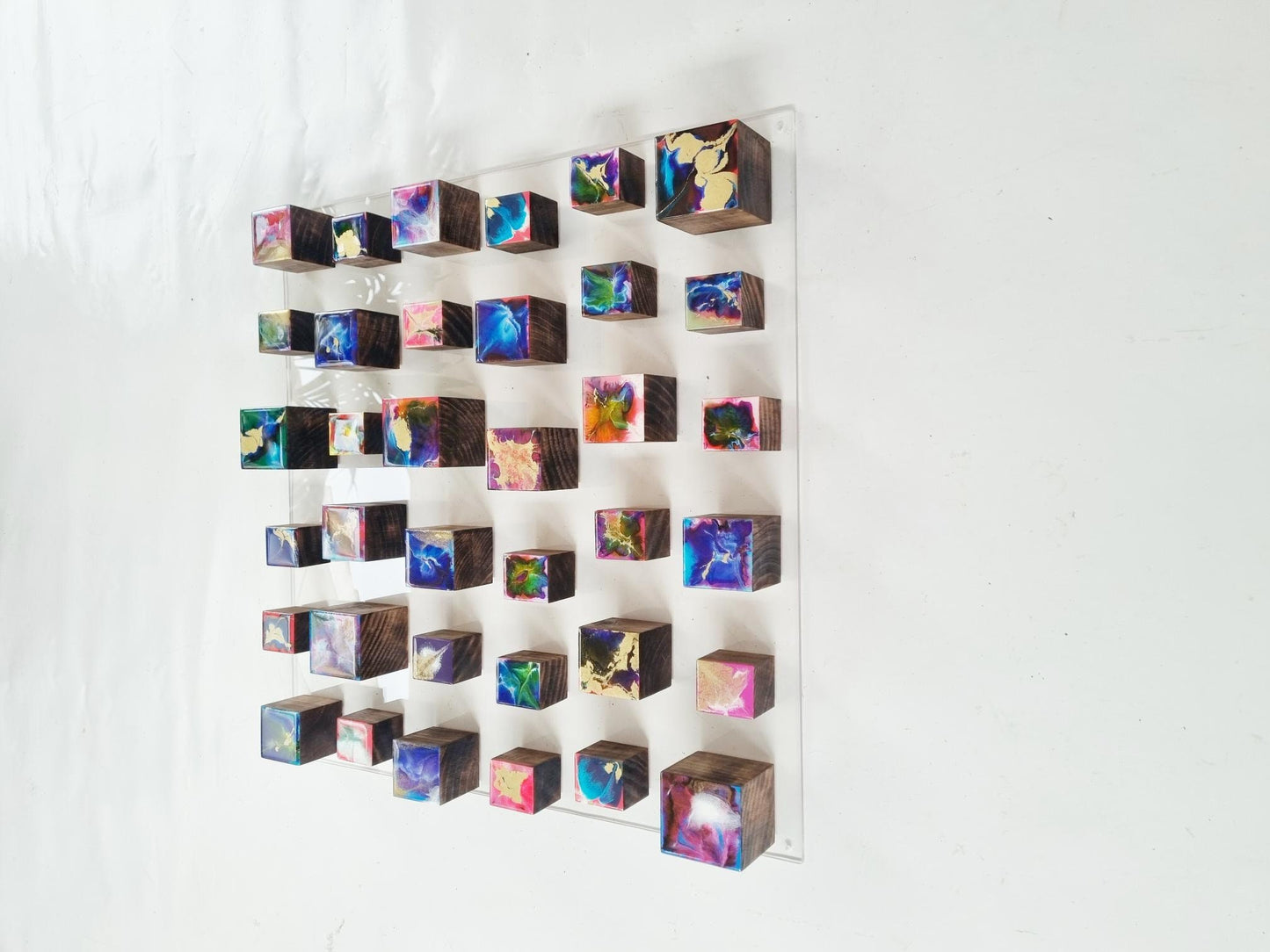 3d wall art. Hand painted using different techniques, wall sculpture with resin finish on top face. Each block is a small work of art ©