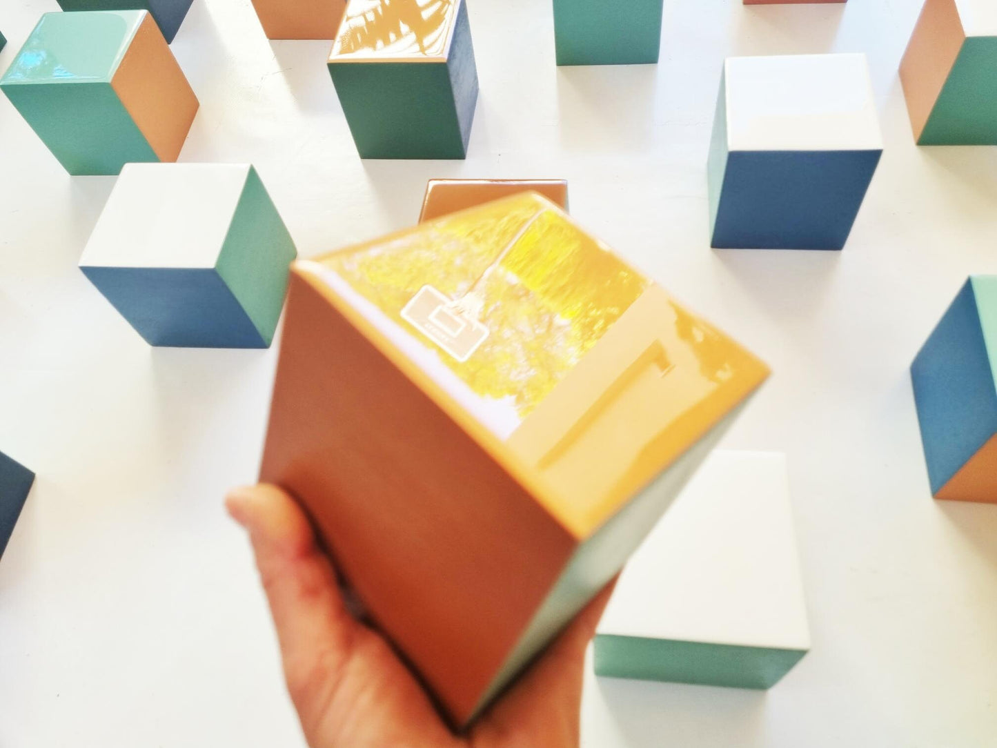 Hand-painted wooden XL blocks with resin finish on the front face, ideal decor for home, office, hotel, Extra large wood cubes 3.6" X 3.6"©