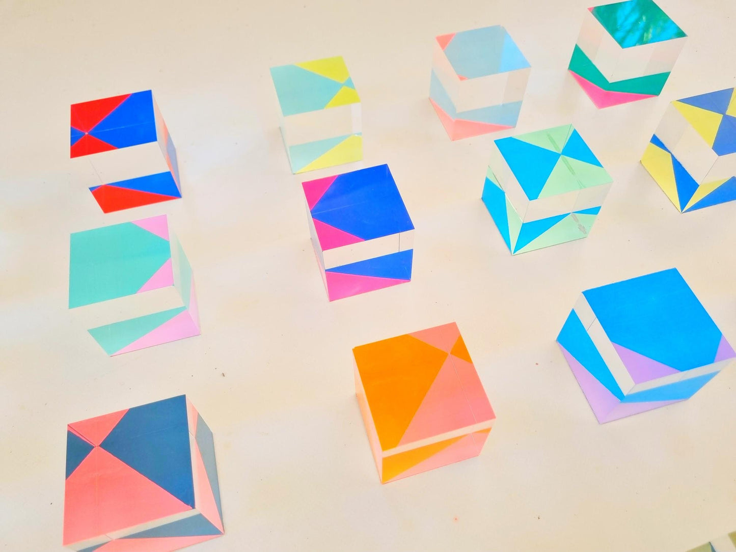 Packs of hand painted 3d wall art transparent acrylic cubes with bright colors. Choose number of cubes and colors. Wall sculpture pop art.