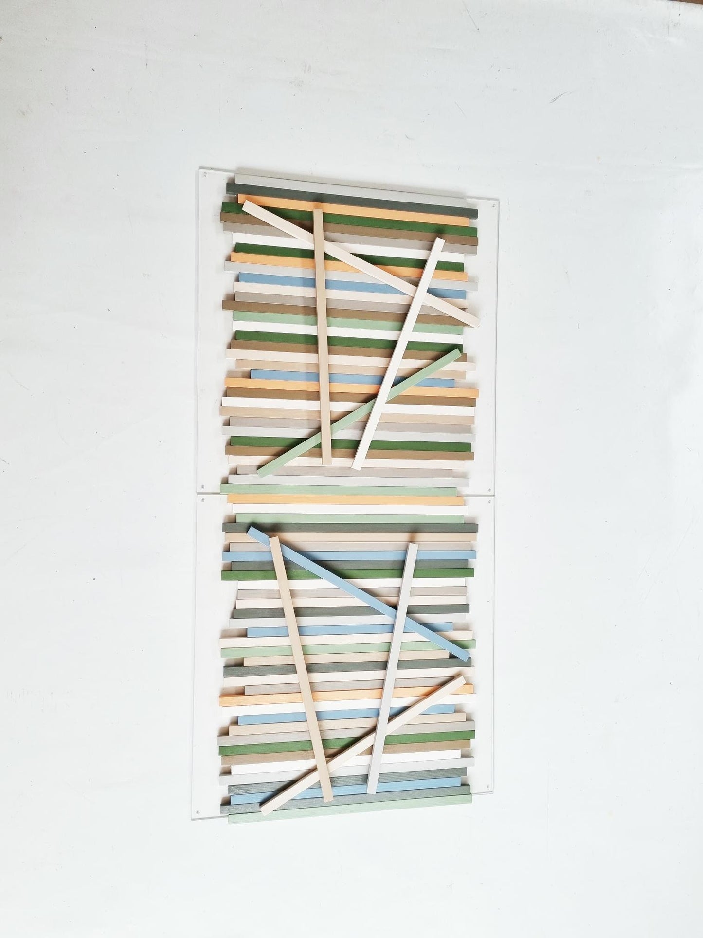 Wood wall art. Modern wall decor, large wood art. Slats in neutral colors, wall sculpture, 3d wall art. 2 bases 23.6" X 23.6"©
