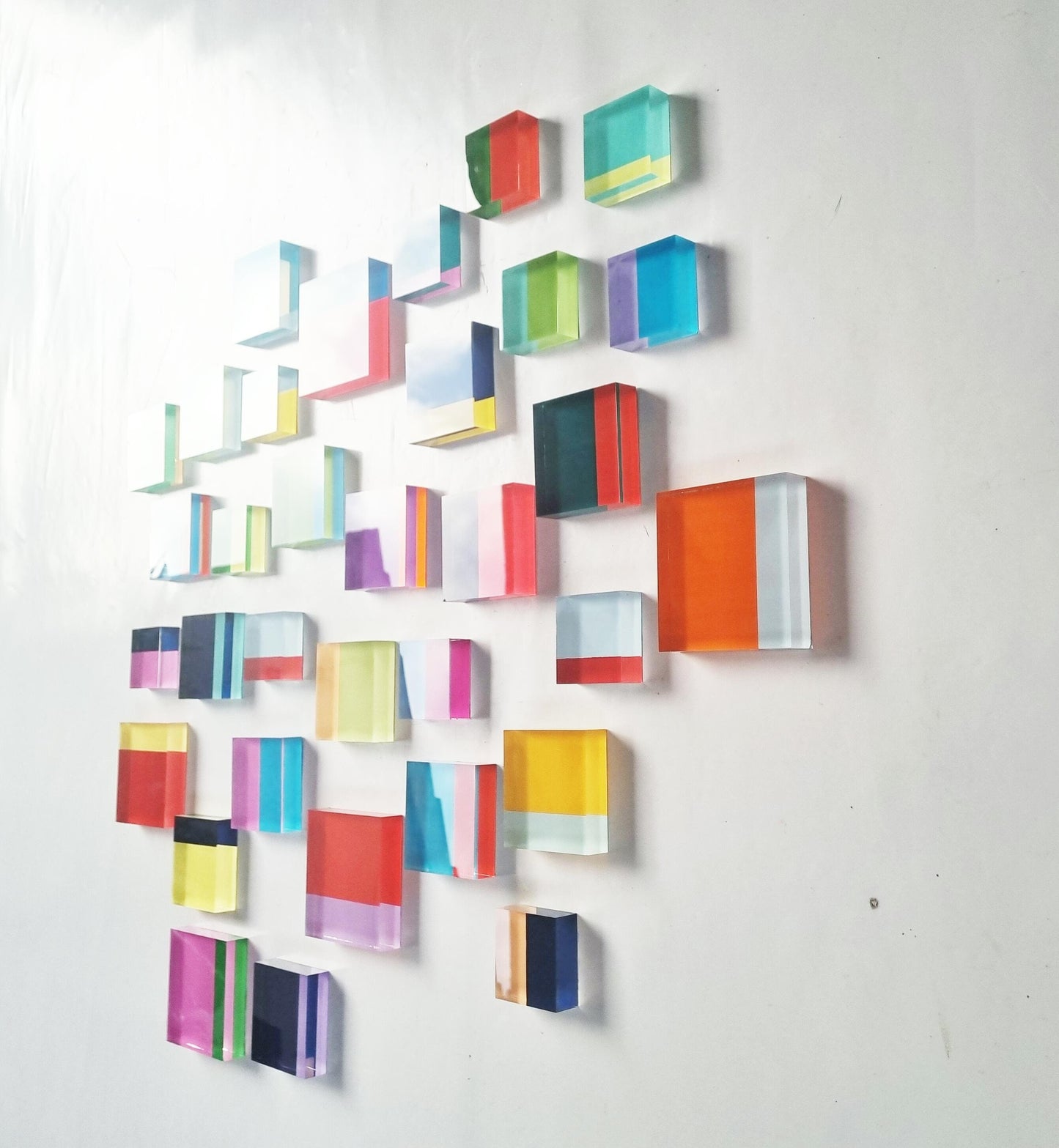 Pack of Color Blocks. Hand painted acrylic glass tiles. Easy to install Modern art. Bold bright happy colors. Floating transparent 3D art.