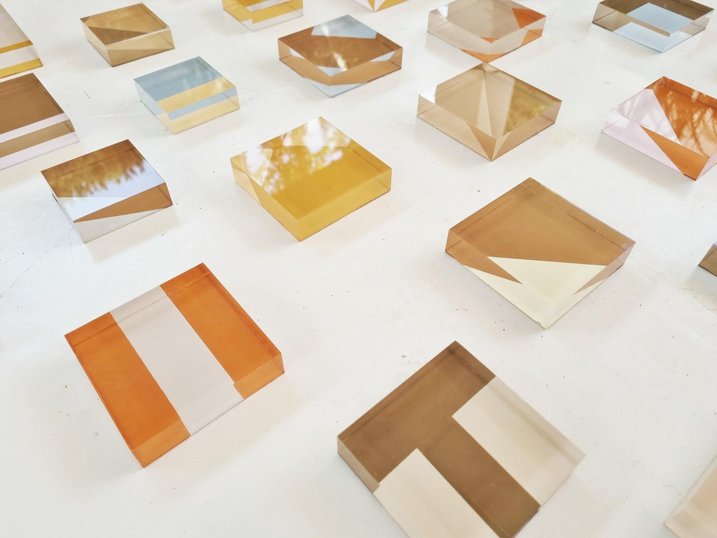 Hand painted acrylic blocks. Modern 3d art in natural colors. Choose the number of transparent cubes and sizes. Neutral wall sculpture.