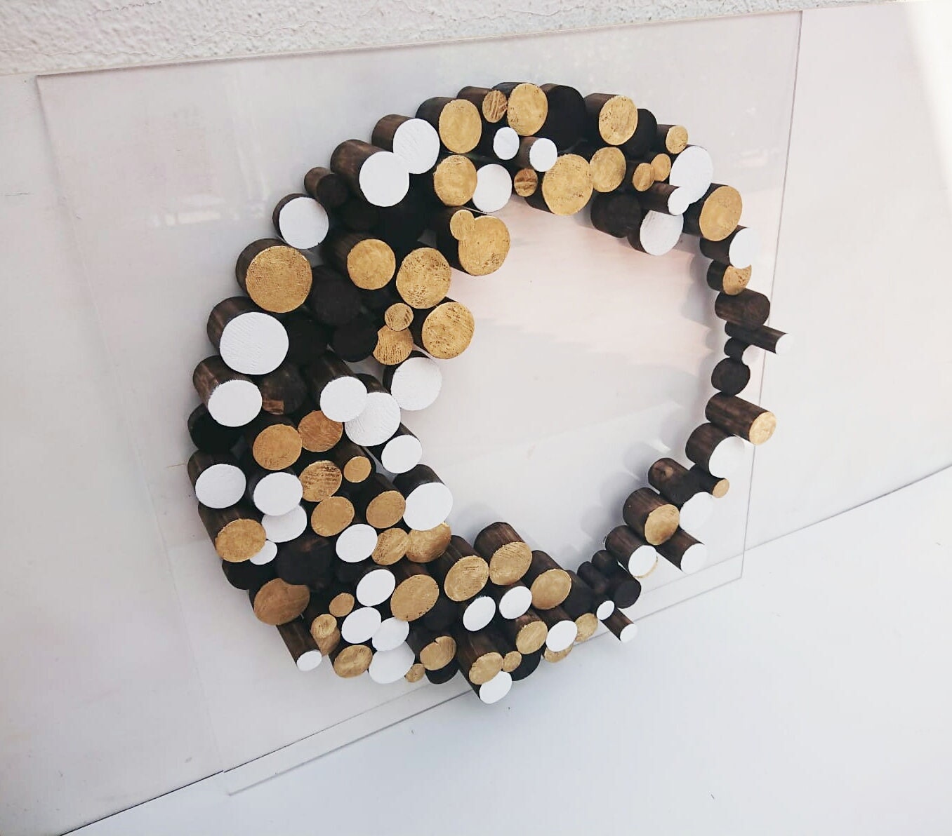 Wall art, wood wall sculpture, 3D wooden decor, modern and abstract, white and gold, wooden mosaic,dowel, round, circle art The Gold Moon©