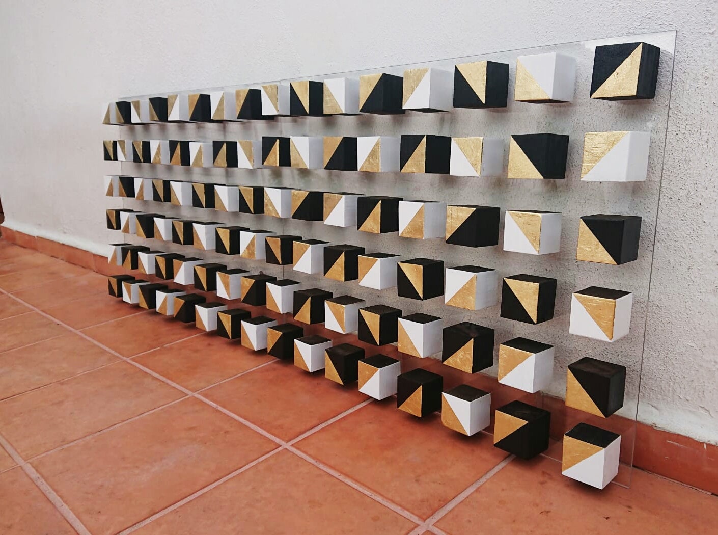 2 bases 31.5 X 23.6 Wood wall art.© Modern and geometric wood wall art. Mosaic. Cube Art. 3D art. Wall decor. Hand painted. Gold leaf ©