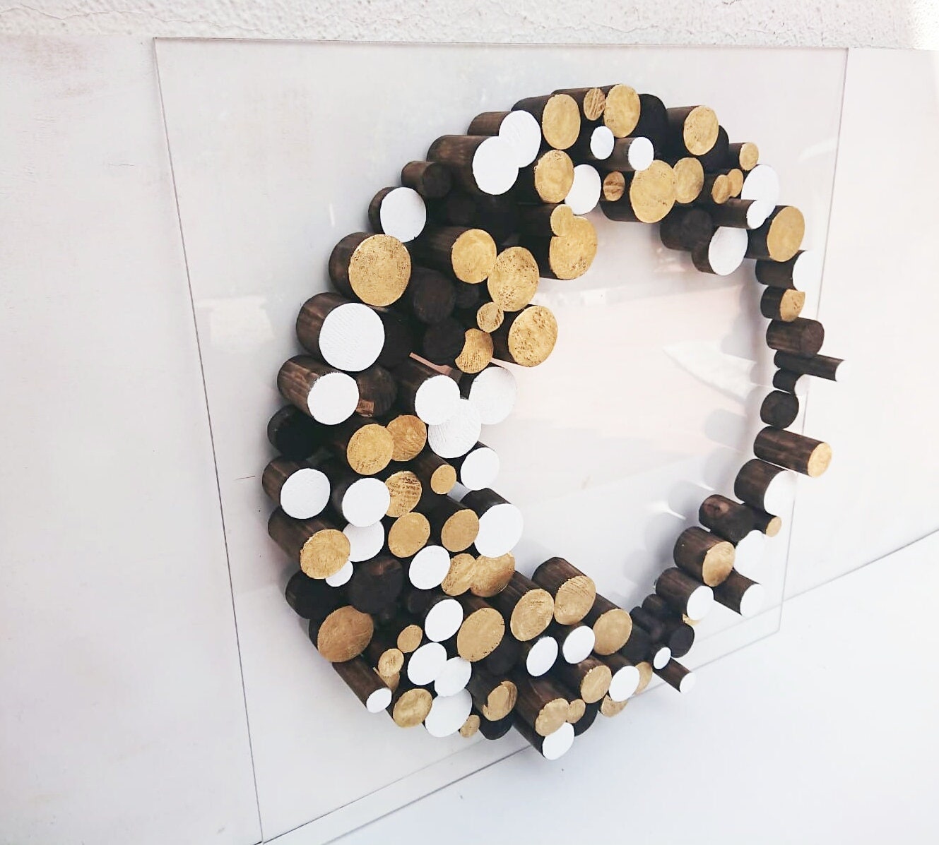 Wall art, wood wall sculpture, 3D wooden decor, modern and abstract, white and gold, wooden mosaic,dowel, round, circle art The Gold Moon©