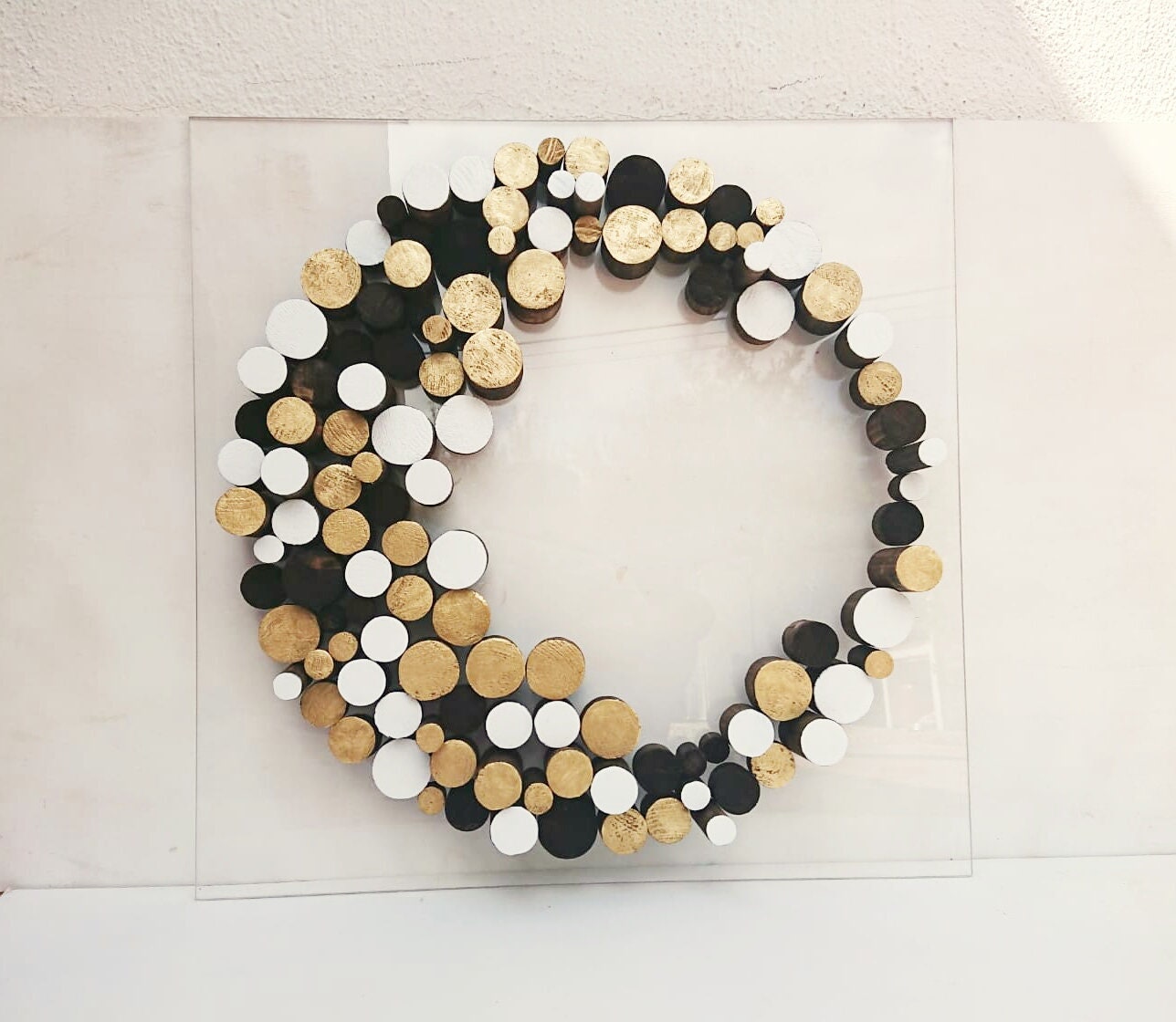 Wall art, wood wall sculpture, 3D wooden decor, modern and abstract, white and gold, wooden mosaic,dowel, round, circle art The Gold Moon©