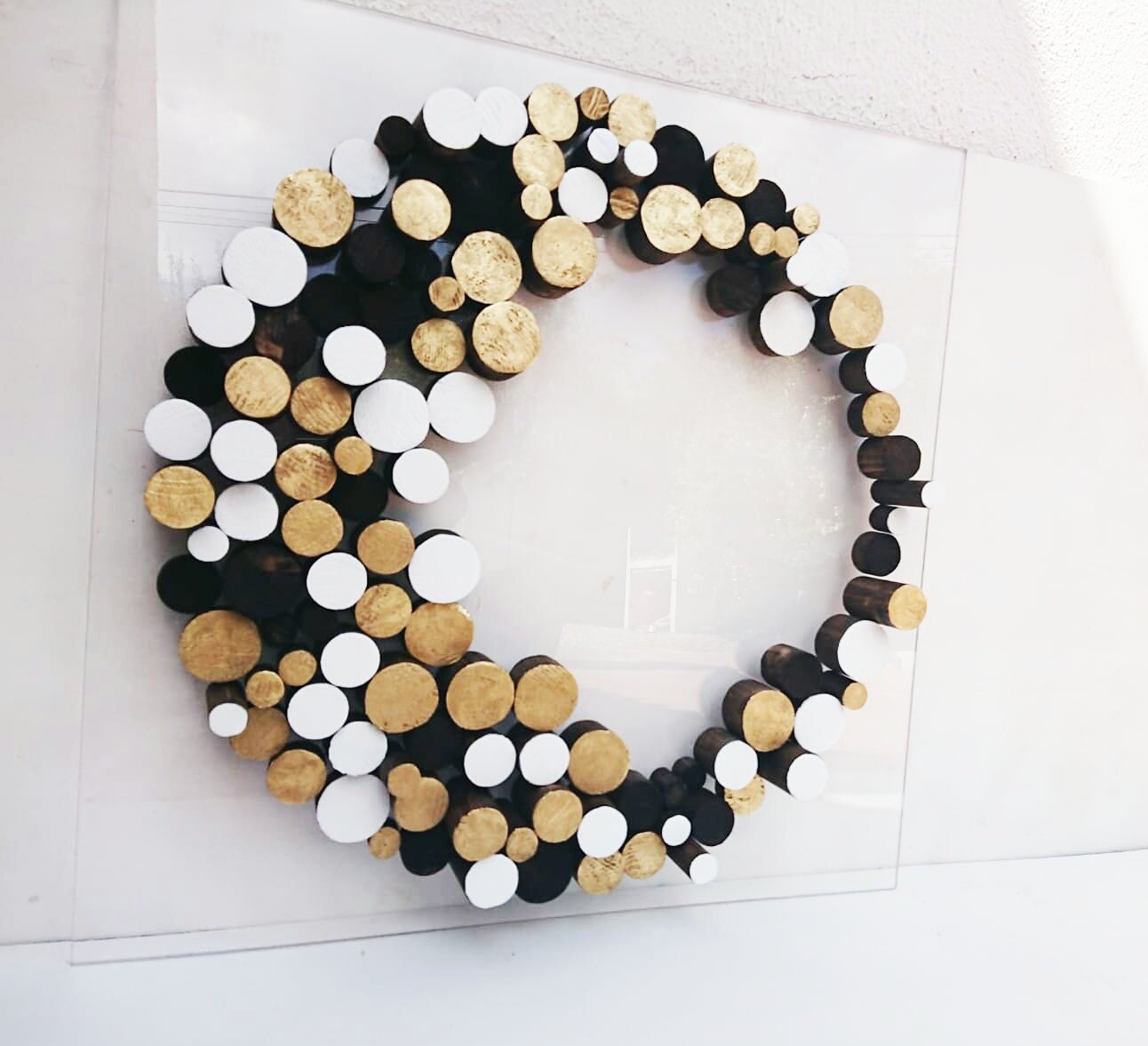 Wall art, wood wall sculpture, 3D wooden decor, modern and abstract, white and gold, wooden mosaic,dowel, round, circle art The Gold Moon©