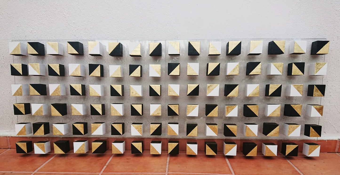 2 bases 31.5 X 23.6 Wood wall art.© Modern and geometric wood wall art. Mosaic. Cube Art. 3D art. Wall decor. Hand painted. Gold leaf ©