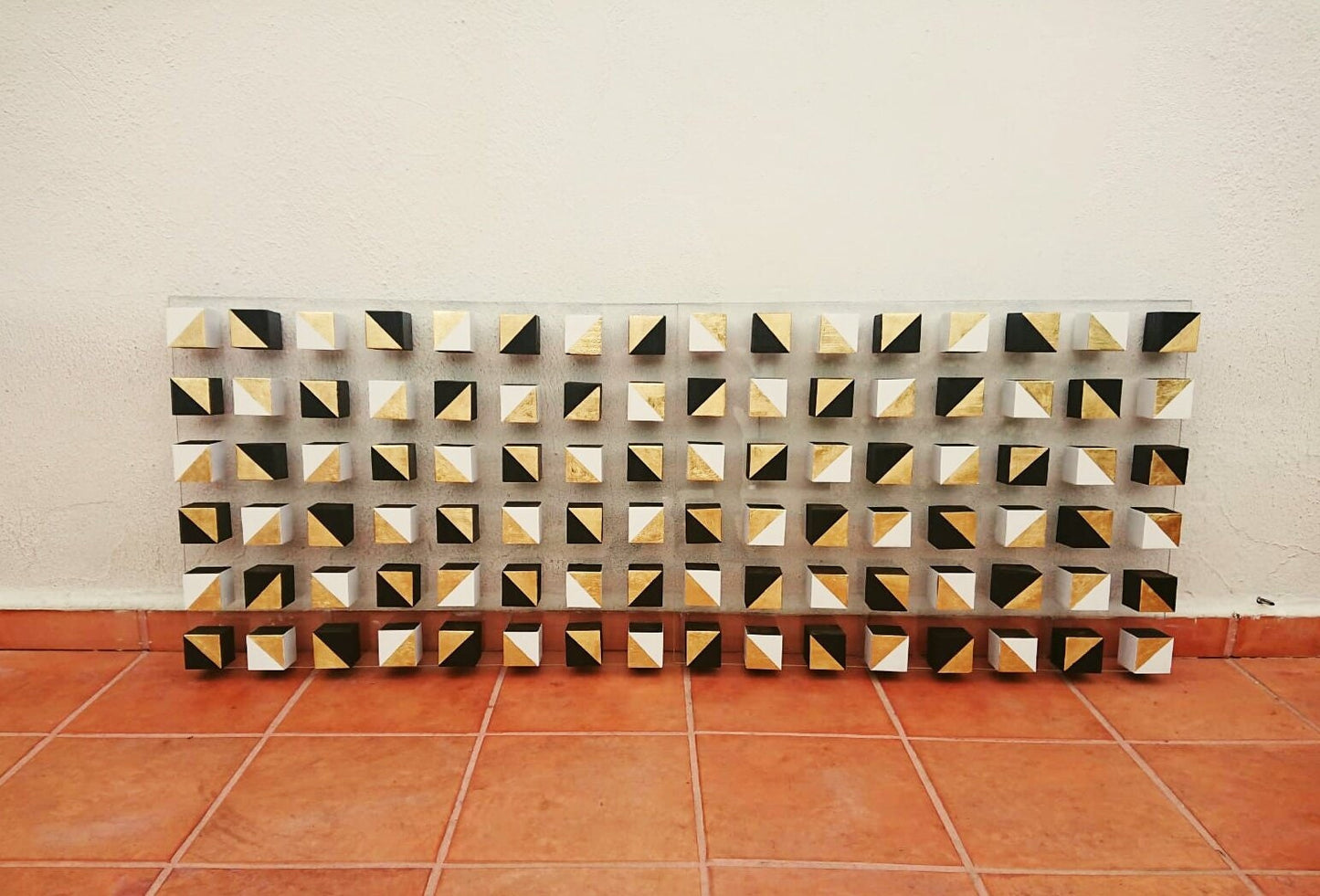 2 bases 31.5 X 23.6 Wood wall art.© Modern and geometric wood wall art. Mosaic. Cube Art. 3D art. Wall decor. Hand painted. Gold leaf ©