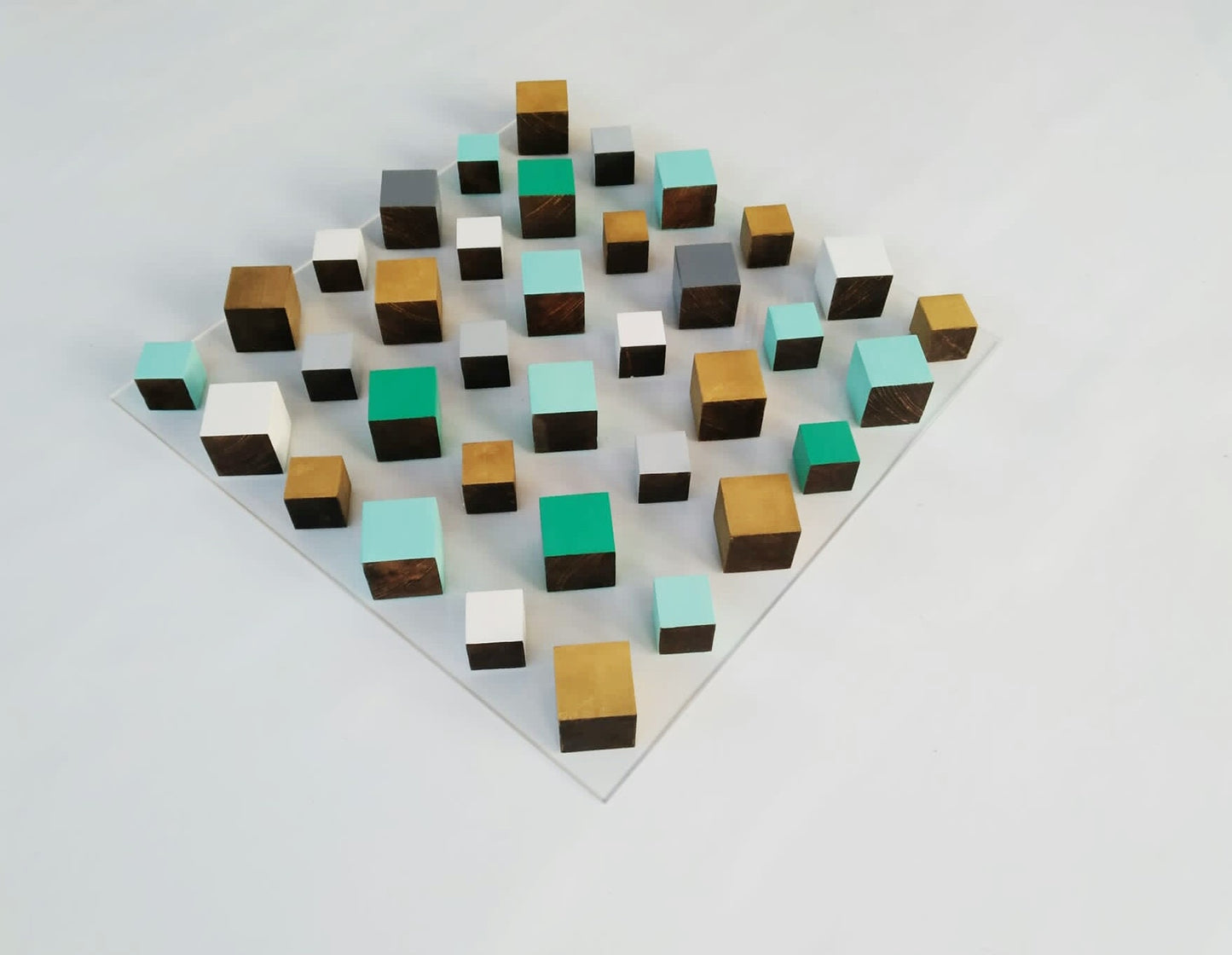 Modern wood wall art,© gold and teal colors. Modern and innovative design. 3D Art for any space. Hand painted wooden blocks. Floating effect