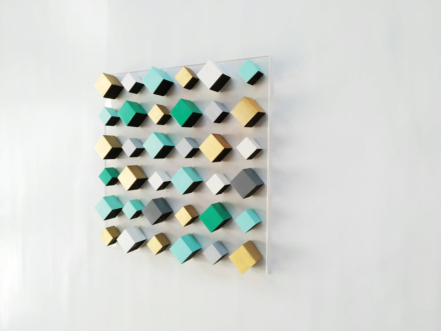 Modern wood wall art,© gold and teal colors. Modern and innovative design. 3D Art for any space. Hand painted wooden blocks. Floating effect