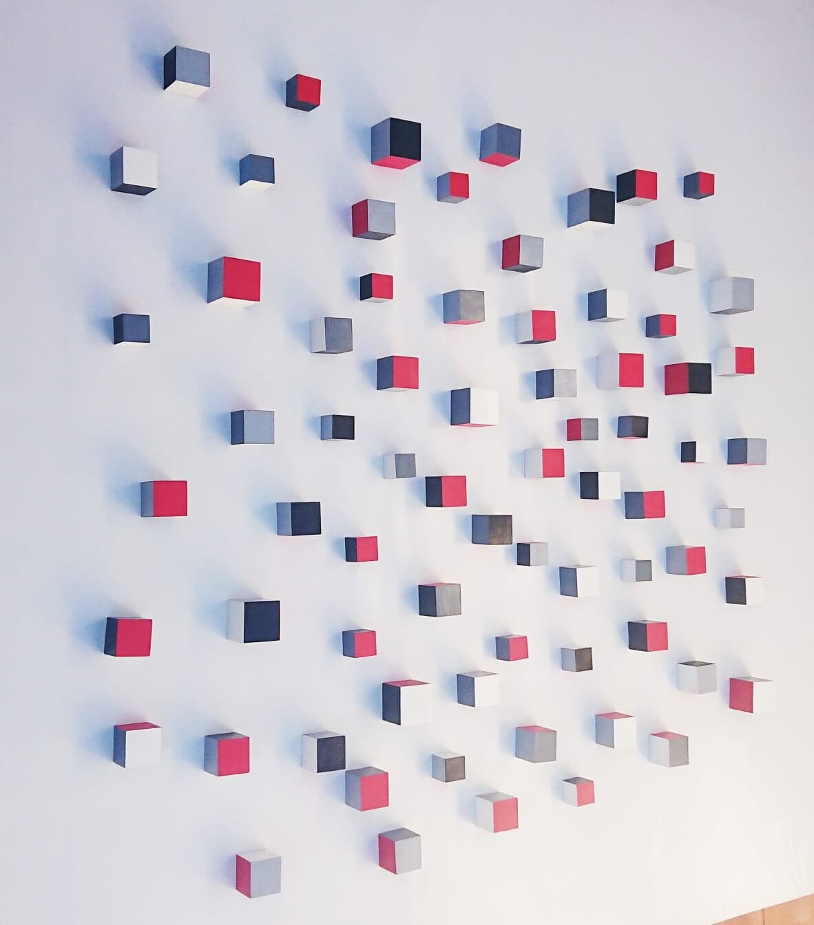 Wood wall art, 3D art. Wooden wall art.© Modern Sculpture wall art. Red, black, white and grey hand painted wooden cubes for self mounting.