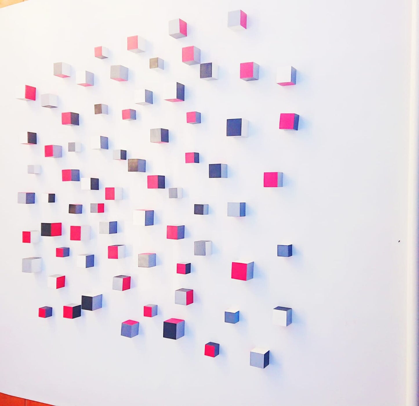 Wood wall art, 3D art. Wooden wall art.© Modern Sculpture wall art. Red, black, white and grey hand painted wooden cubes for self mounting.