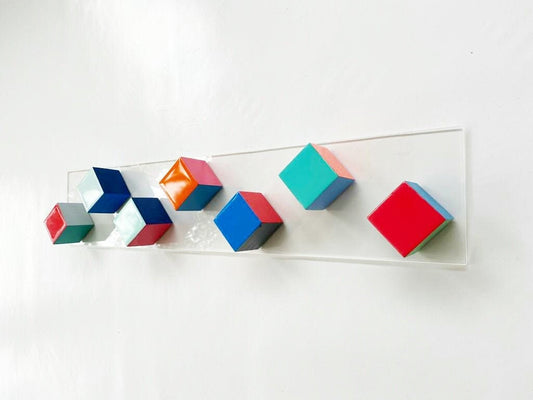 Wood wall art, wood wall decor, modern wall art 3D wall sculpture with resin finish. Geometric, multicolored and colorful wall art. Cube  ©