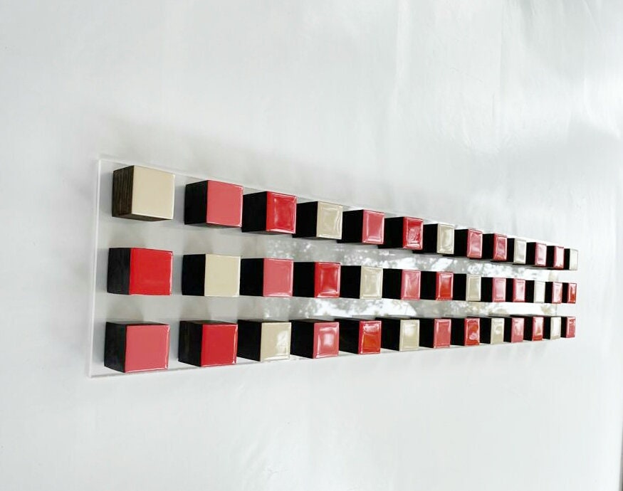 Wood wall art with resin finish. Long and narrow sculpture art. 3D art.Long horizontal wall art. Modern cube art in red. Wooden wall decor .