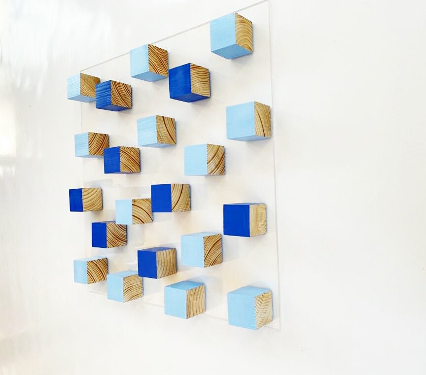 Geometric wood art, painted wood, Blue colors wood wall art, © sculpture art, wooden wall art, 3D wood wall art, wall decor, wood art