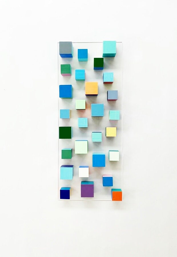 Vertical and horizontal hanging wooden art cubes. Wall decor wood wall art, colorful art. 3D wood art . © Geometric and modern Sculpture.