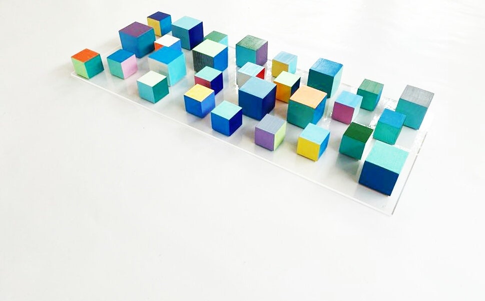 Vertical and horizontal hanging wooden art cubes. Wall decor wood wall art, colorful art. 3D wood art . © Geometric and modern Sculpture.