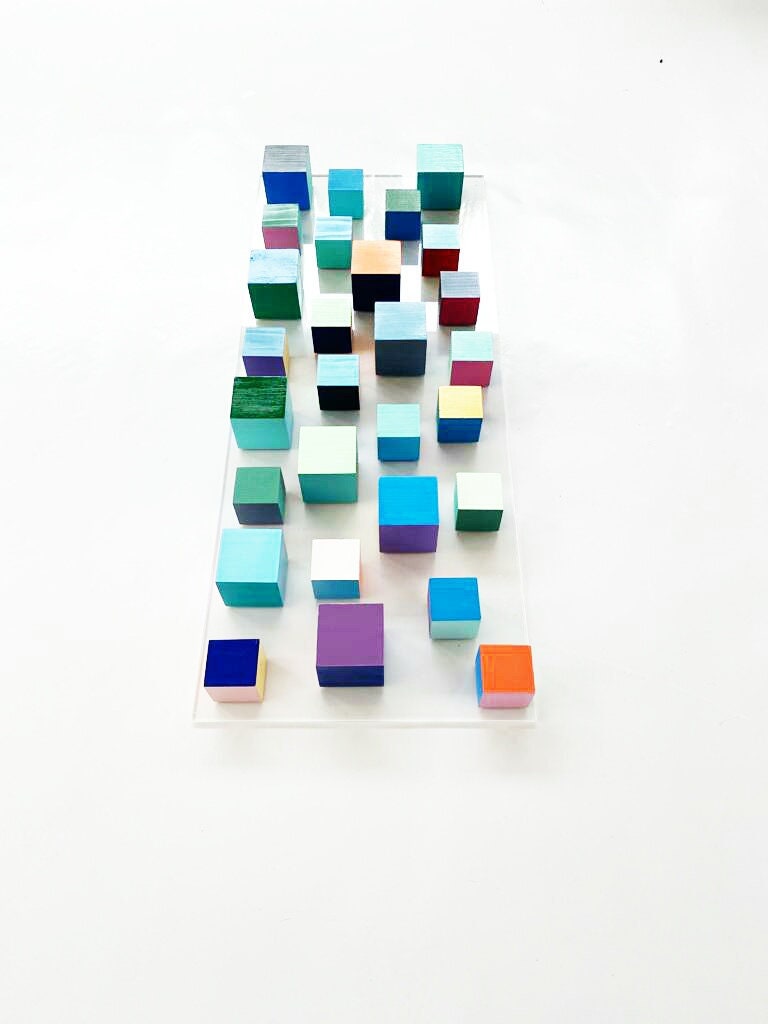 Vertical and horizontal hanging wooden art cubes. Wall decor wood wall art, colorful art. 3D wood art . © Geometric and modern Sculpture.