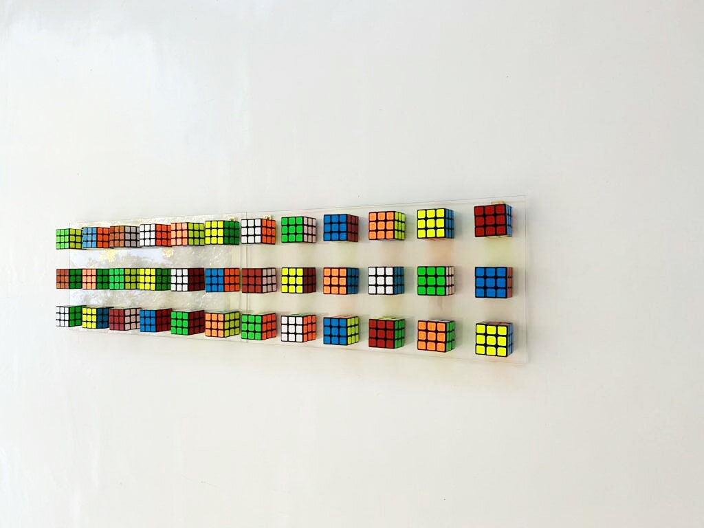 Original and unique Rubiks Cube wall art. 2 Rectangular bases 25" X 12.2" Magic cube puzzle wall piece ©. Perfect decoration for children