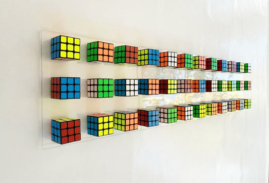 Original and unique Rubiks Cube wall art. 2 Rectangular bases 25" X 12.2" Magic cube puzzle wall piece ©. Perfect decoration for children