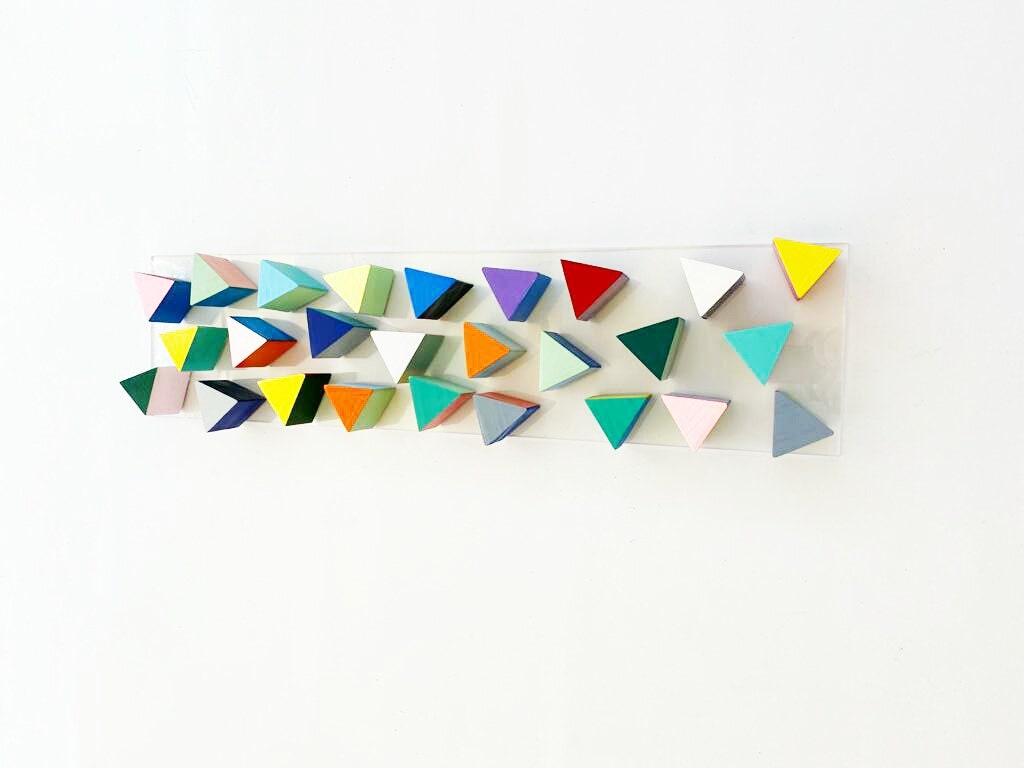 Painted wood. Wood art, geometric triangles, 3D art, sculpture wood wall art, wooden art decor, Home and living decoration. Wood triangles.