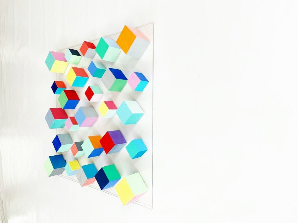 Wood wall art, abstract and modern 3D sculpture. Home decor wall art, Colorful and bold cubes. Geometric wood art.  Wall hanging wooden art©