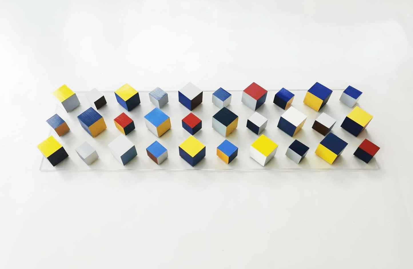 Wood wall art, geometric and modern design in happy bold colors. Rectangular large long narrow. It can be hung vertically or horizontally. ©