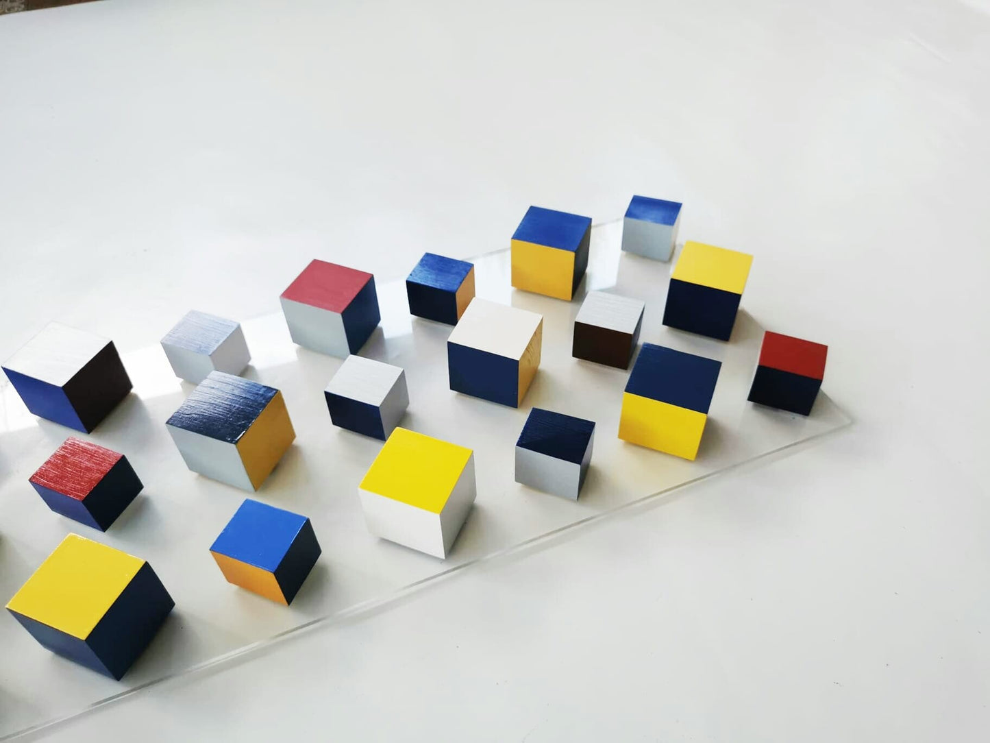 Wood wall art, geometric and modern design in happy bold colors. Rectangular large long narrow. It can be hung vertically or horizontally. ©