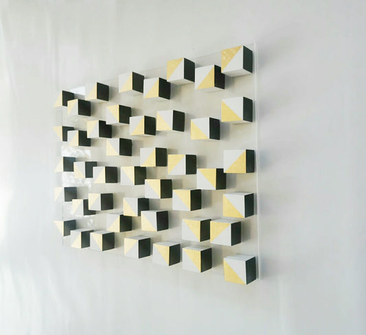 White and gold wood wall art. 3D art. Modern and geometric wall decor. Gold leaf, Home decoration and 3d installation. Sculpture wooden art