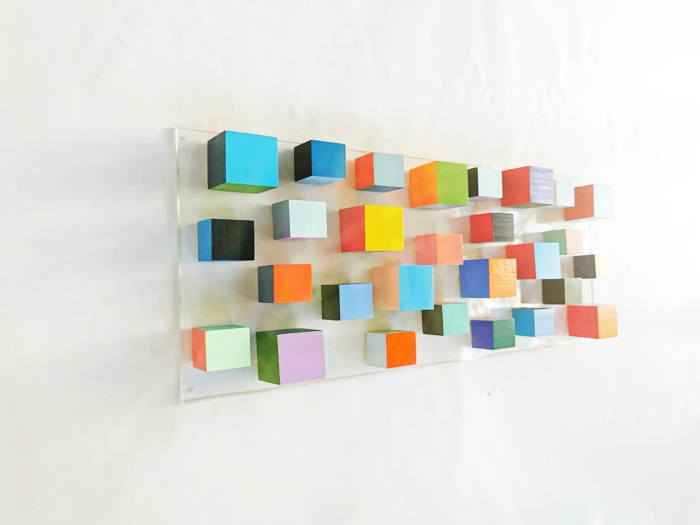 Wood wall art, Sculpture 3D art, modern cube art, Ideal present for any occasion, Geometric design in happy and bold colors, Floating wall ©