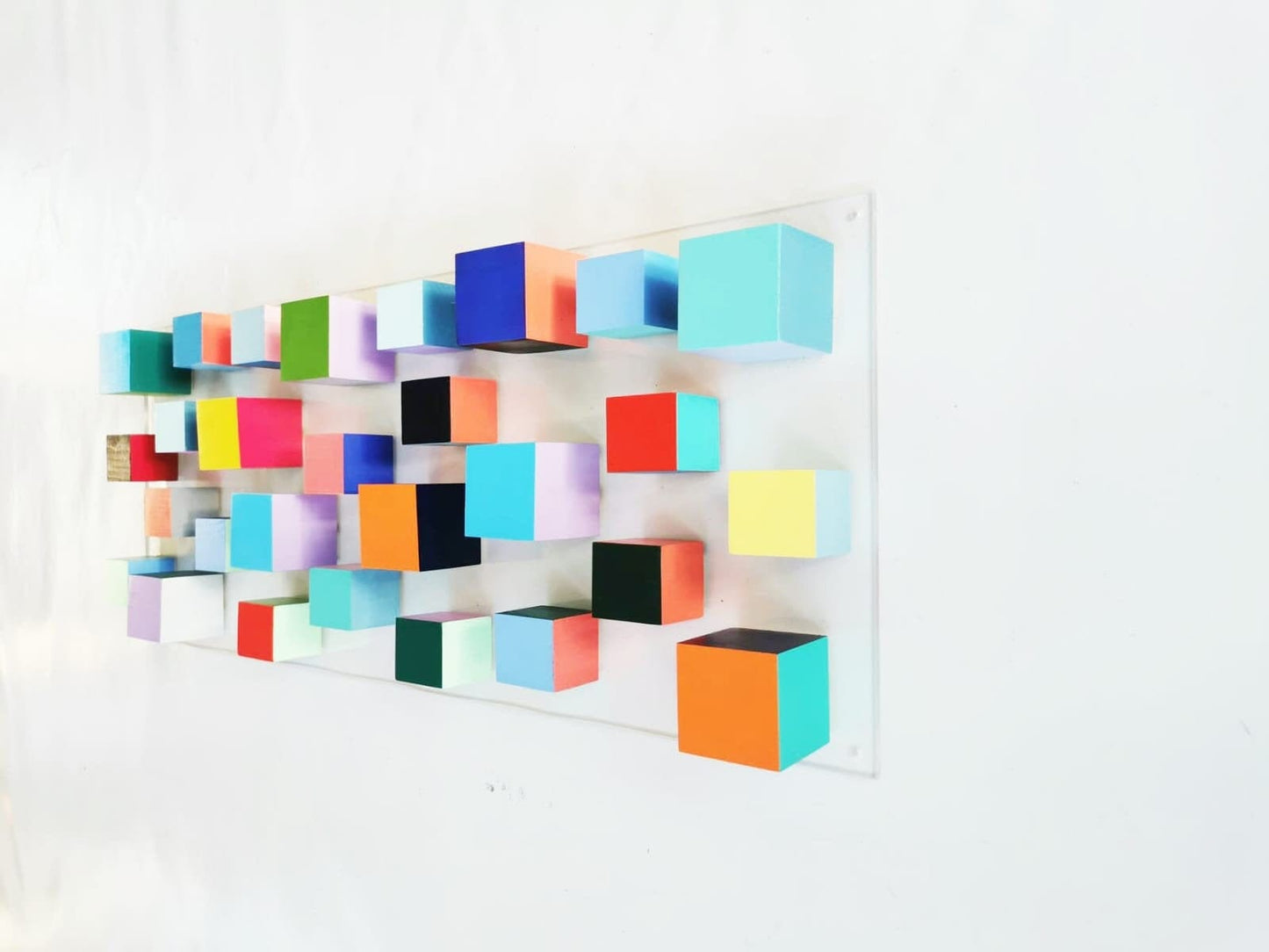 Wood wall art, Sculpture 3D art, modern cube art, Ideal present for any occasion, Geometric design in happy and bold colors, Floating wall ©