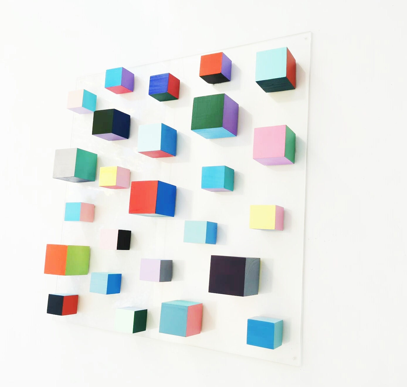 Wood wall art in bold colors, Wood art wall hanging, happy 3d art i. Modern wood sculpture. Geometric wall art. © Wooden wall decor.