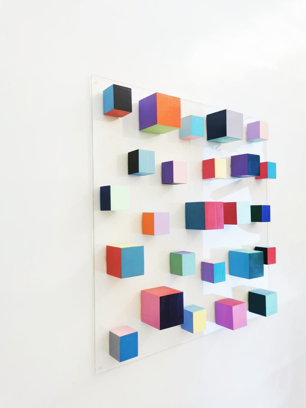 Wood wall art in bold colors, Wood art wall hanging, happy 3d art i. Modern wood sculpture. Geometric wall art. © Wooden wall decor.