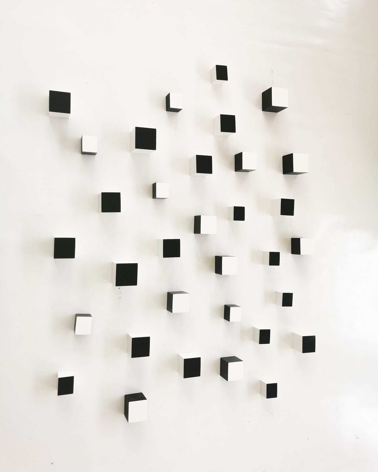 Modern art Sculpture. Original wood wall art. Wooden 3D cubes in black and white colors. You can choose the number of wood cubes.