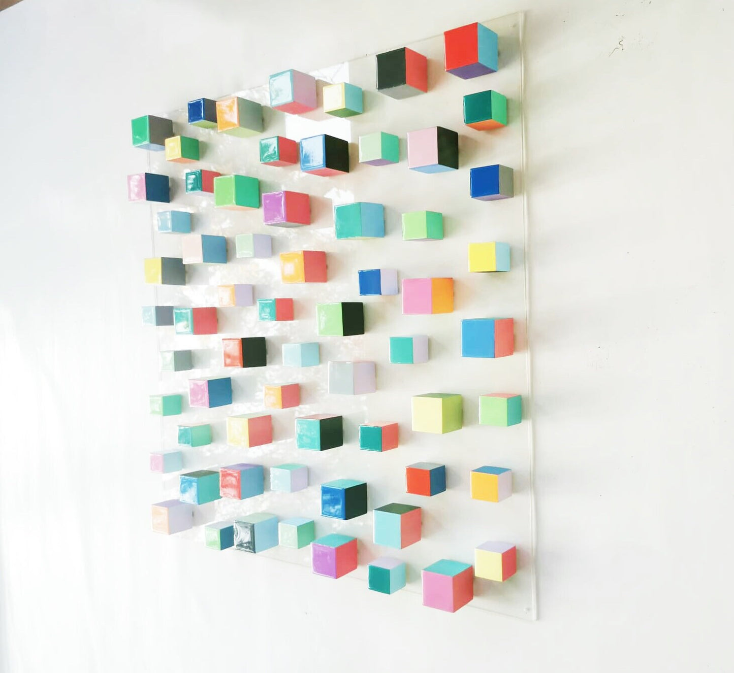 Large wood wall art, cube art with resin finish on top face. Happy art and colorful blocks. 3D wall art.  ©