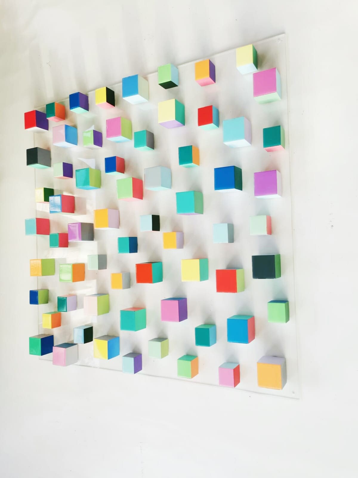 Large wood wall art, cube art with resin finish on top face. Happy art and colorful blocks. 3D wall art.  ©