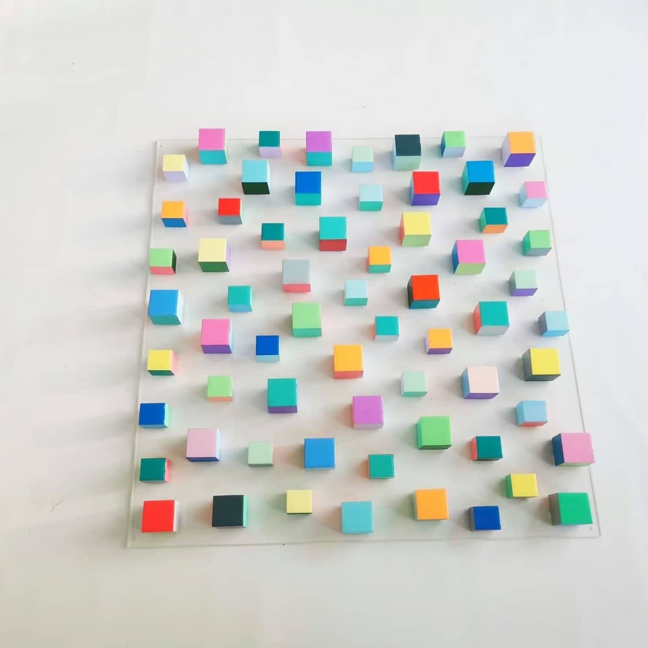 Large wood wall art, cube art with resin finish on top face. Happy art and colorful blocks. 3D wall art.  ©