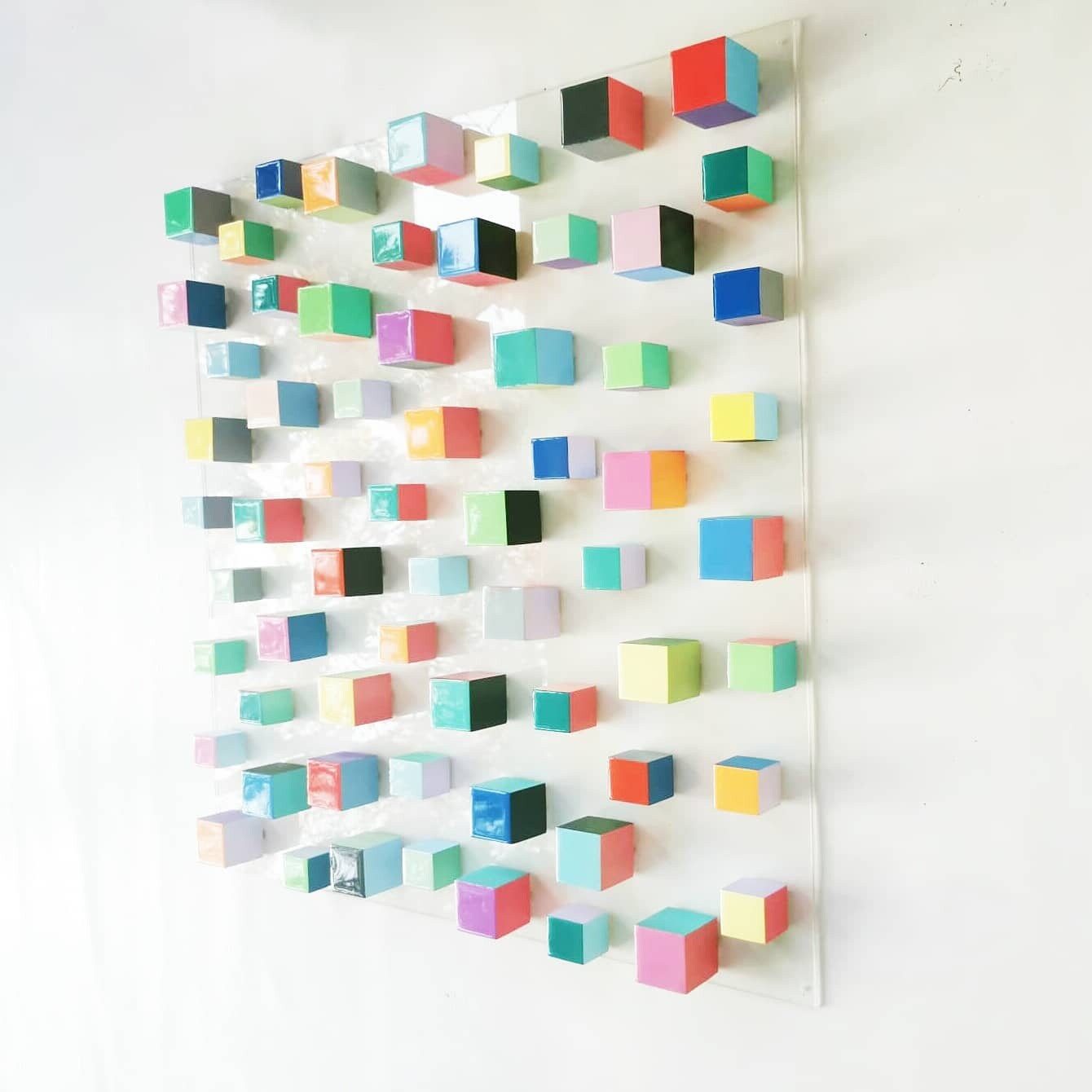 Large wood wall art, cube art with resin finish on top face. Happy art and colorful blocks. 3D wall art.  ©